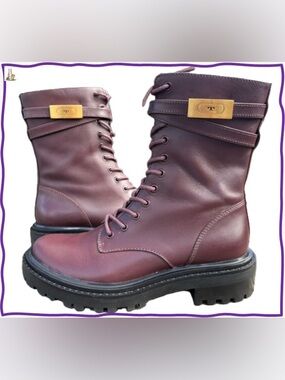 Tory Burch Burgundy Lace-Up Combat Boots with Gold Accent